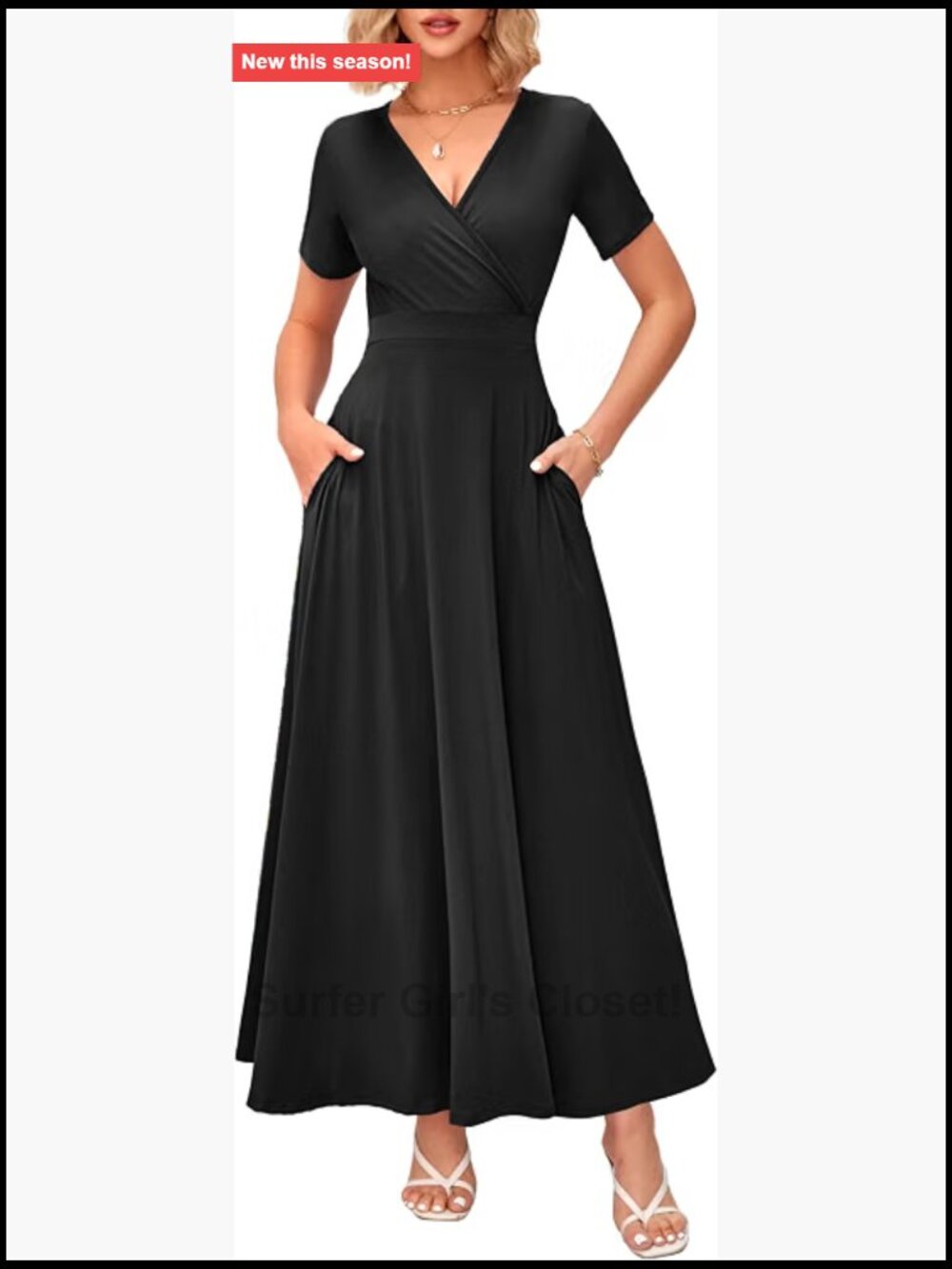 Women's Maxi Dress Wrap V Neck Short Sleeve with Pockets Flowy Summer